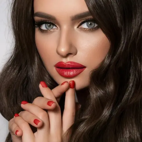 Elegant woman showcasing professional makeup and healthy skin results