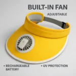 Cooling sun visor hat with built-in fan and UV protection in yellow