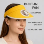 Woman wearing yellow cooling sun visor hat with built-in fan and UV protection