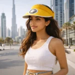 Woman wearing yellow rechargeable cooling sun visor hat with built-in fan in Dubai summer